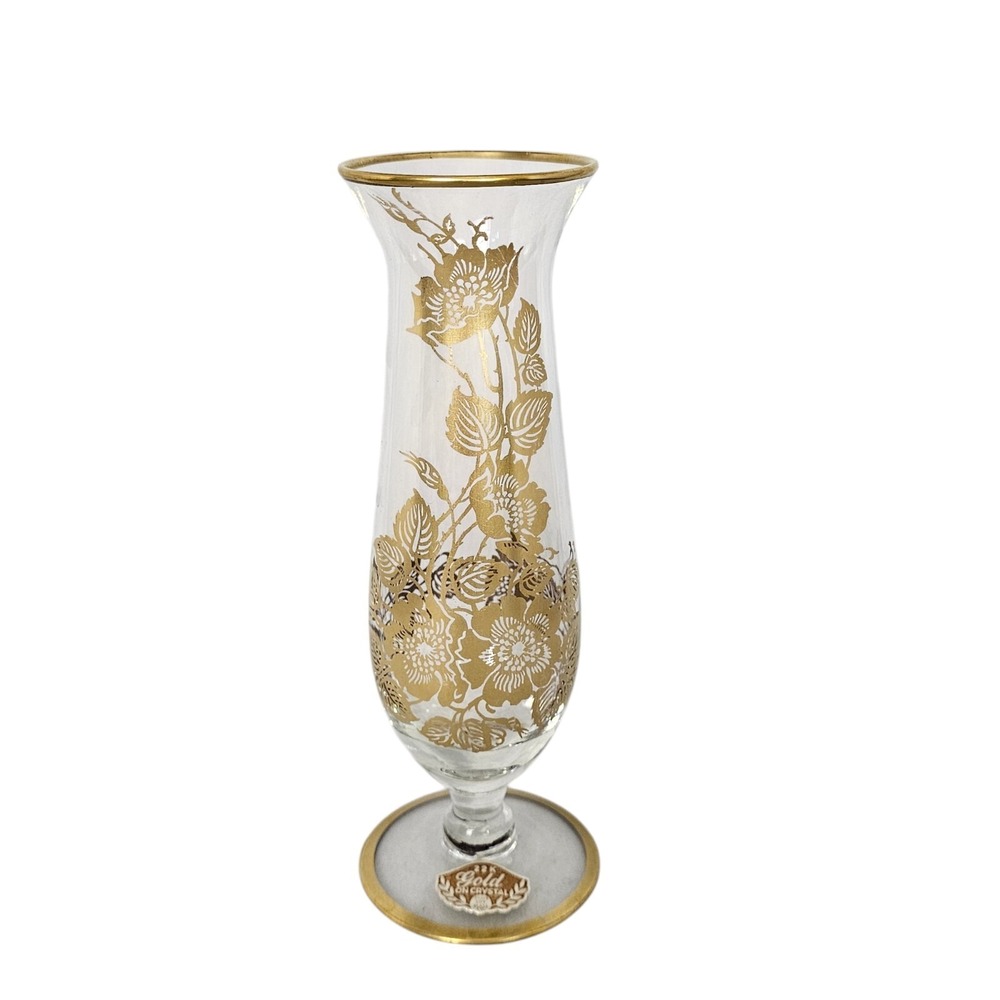 Vintage 22K Gold Floral Crystal Bud Vase Silver City Glass Czech Boho 6.5"‎